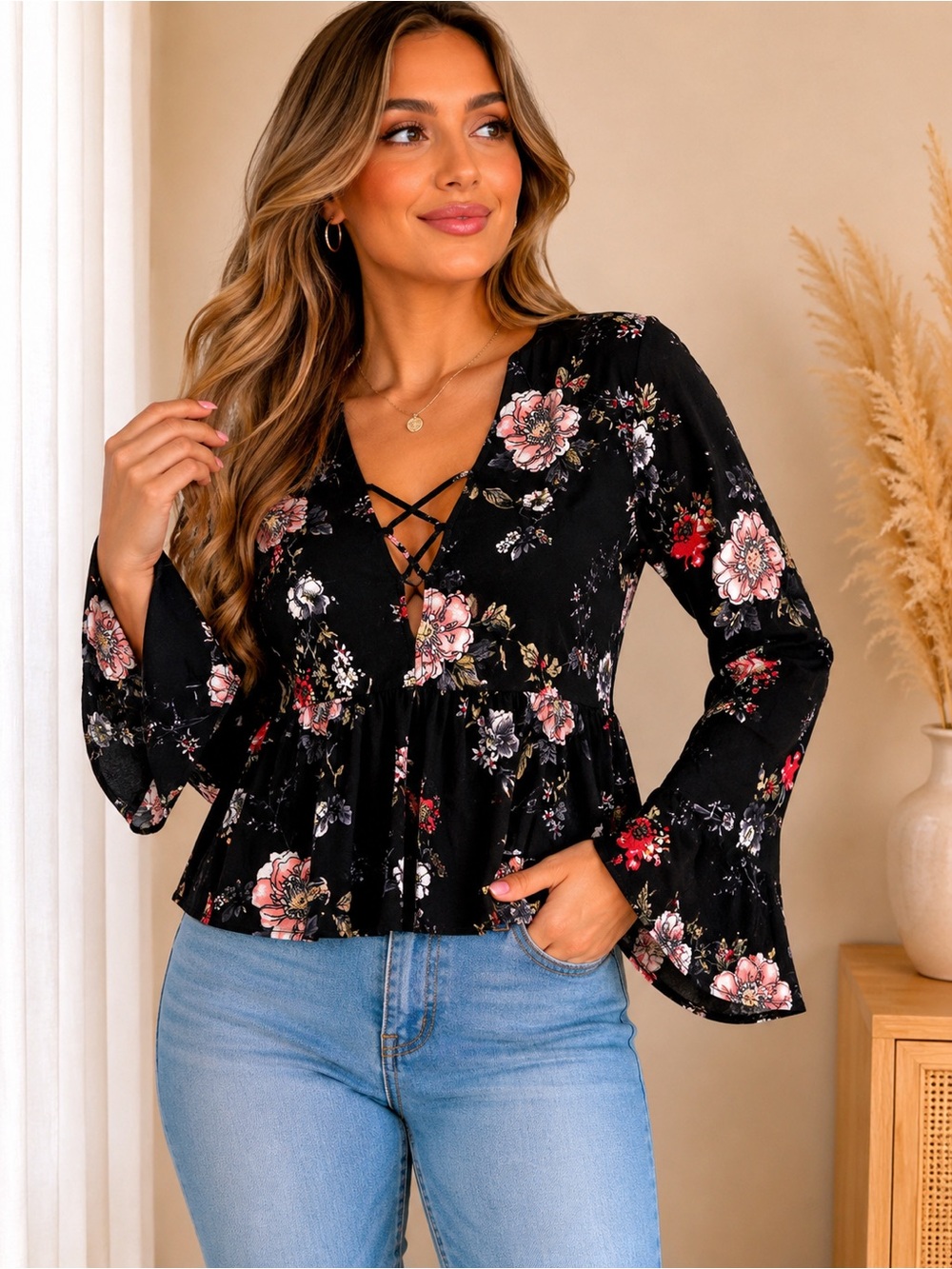 Ivy + Main Sheer Floral Bell Sleeve Peplum Blouse
